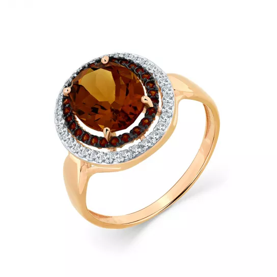 Кольцо с фианитом и кварцем из золота